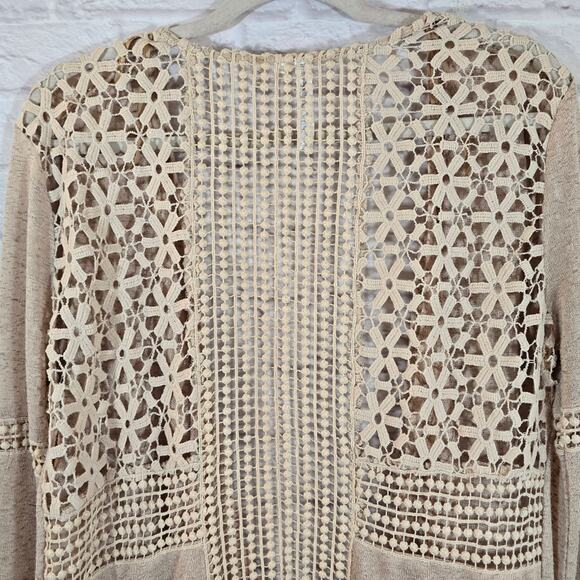 M Andree by Unit Oatmeal Cream Tan Open Front Long Cardigan Duster M Floral Lace - Picture 7 of 11